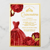 Kronen-Rote Rosen Quinceanera Gold Folieneinladung (Vorderseite)