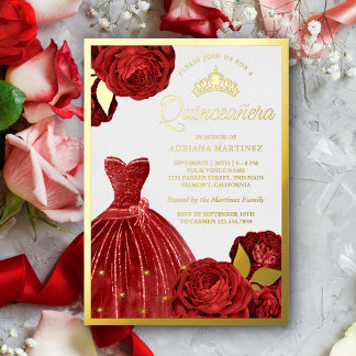 Kronen-Rote Rosen Quinceanera Gold Folieneinladung