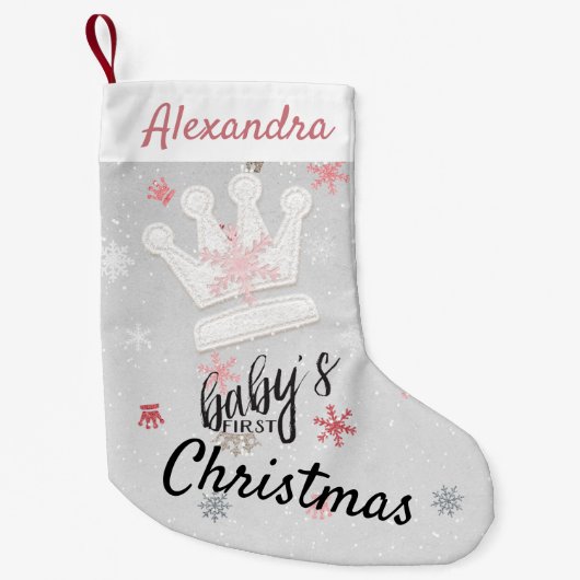Kronen und rosa Schneeflocken Erste Weihnachten Kleiner Weihnachtsstrumpf (Vorderseite)