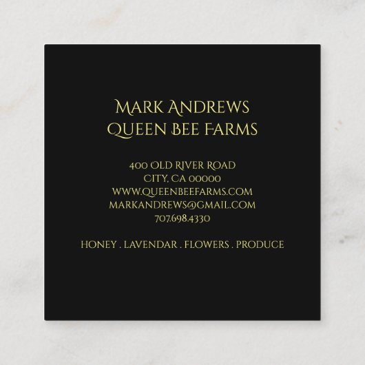 Kronenbauernhof Queen Been Apiary Yellow Gold Quadratische Visitenkarte (Rückseite)