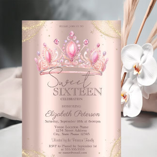 Kronengold Glitter-Ecken Roségold Sweet 16 Einladung
