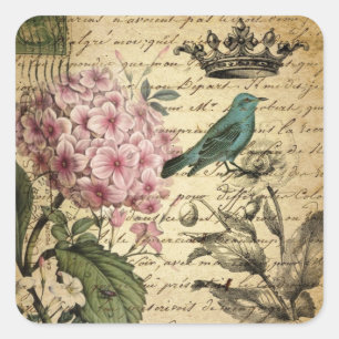 Kronenschrift Hortensie Vogel französisch botanisc Quadratischer Aufkleber