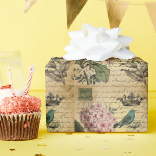 Kronenskript Hydrangea Vogel Französisch botanisch Geschenkpapier