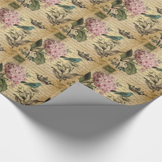 Kronenskript Hydrangea Vogel Französisch botanisch Geschenkpapier (Ecke)