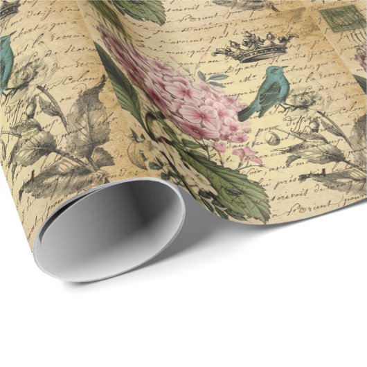 Kronenskript Hydrangea Vogel Französisch botanisch Geschenkpapier (Rolleneckpunkt)