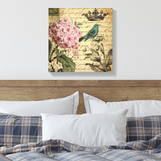 Kronenskript Hydrangea Vogel Französisch botanisch Leinwanddruck (Insitu (Schlafzimmer))