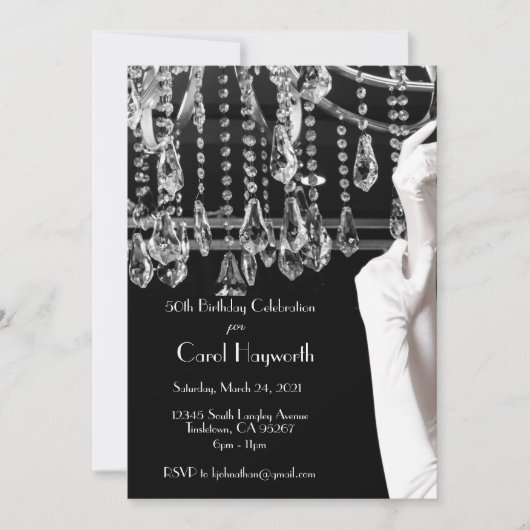 Kronleuchter 50. Geburtstagsfeier Schwarz-weiß Einladung (Vorderseite)