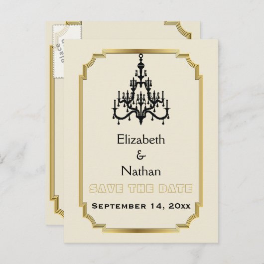 Kronleuchter & Art-Deco-Hochzeitsfeier Speichern S Ankündigungspostkarte (Vorne/Hinten)