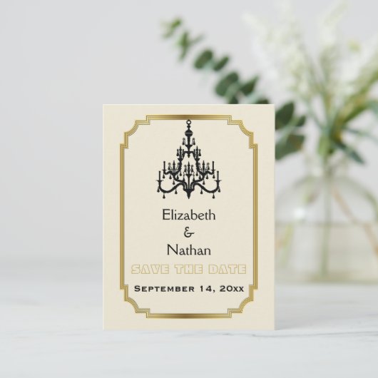 Kronleuchter & Art-Deco-Hochzeitsfeier Speichern S Ankündigungspostkarte (Stehend Vorderseite)