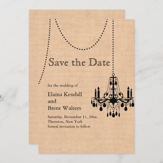 Kronleuchter auf Burlap Save the Date (Vorne/Hinten)