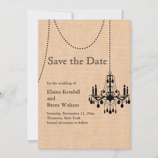 Kronleuchter auf Jute Save the Date (Vorderseite)