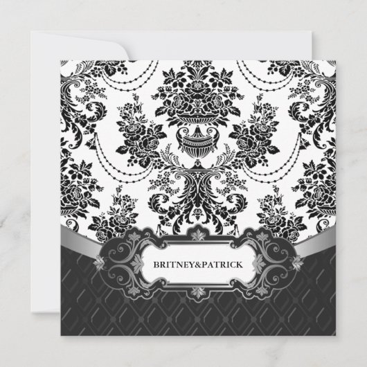 Kronleuchter Black Damask White Wedding Einladunge Einladung (Vorderseite)