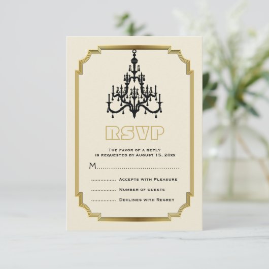 Kronleuchter und Art-Deco-Border-beige Hochzeit RS RSVP Karte (Stehend Vorderseite)