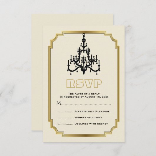 Kronleuchter und Art-Deco-Border-beige Hochzeit RS RSVP Karte (Vorne/Hinten)