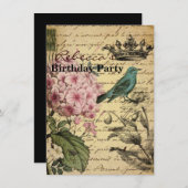 Kronskript Hydrangea Vogel Französisch botanisch Einladung (Vorne/Hinten)