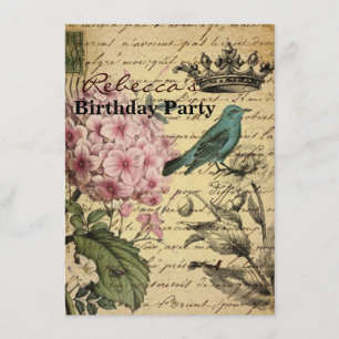 Kronskript Hydrangea Vogel Französisch botanisch Einladung