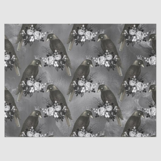 Krönte Schwarze Vögel und weiße Blume auf Grau Seidenpapier (Vorderseite)