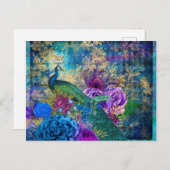 Krönter Pfau auf blauem Lila Blütenblumen Postkarte (Vorne/Hinten)