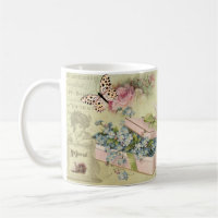 Krug vintage mit Blumen, Schmetterlingen, Rosen,