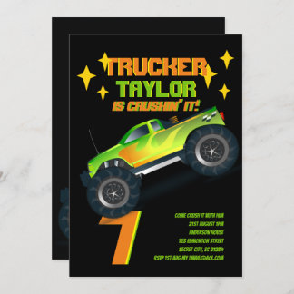 KRUSHING IT Monster Truck Neon Geburtstagsparty Ki Einladung