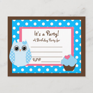 KRW Brown & Blue Polka Dot Owl Blank Party Einladu Einladung