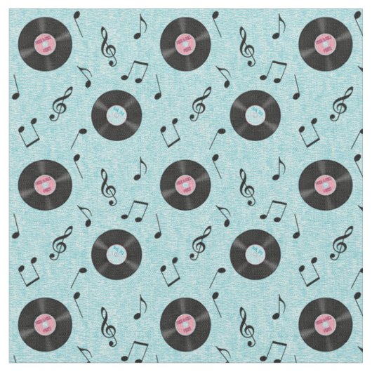 KRW Hellblauer Retro-Schallplatten-Musikstoff Stoff (Nahaufnahme)