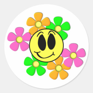 KRW Retro-Lächeln Gesicht und Neon-Blumen Runder Aufkleber