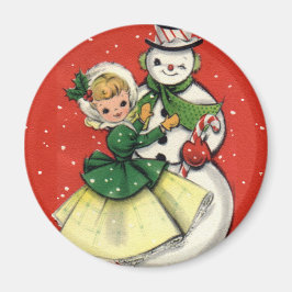 KRW Vintag Girl and Snowman Christmas Magnet
