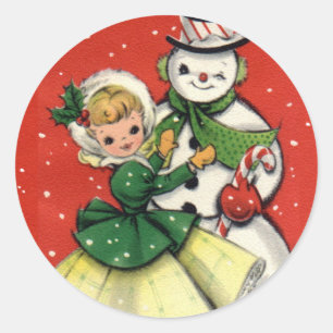 KRW Vintag Girl and Snowman Weihnachtssticker Runder Aufkleber