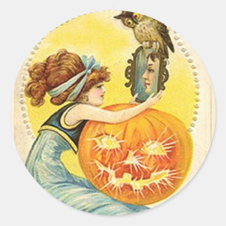 KRW Vintage Dame und Kürbislaterne Halloween Runder Aufkleber