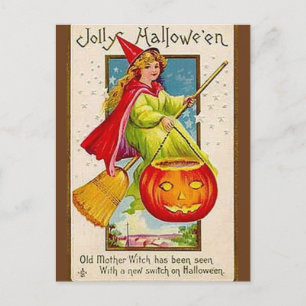 KRW Vintage Frohe Halloween Hexe Feiertagspostkarte