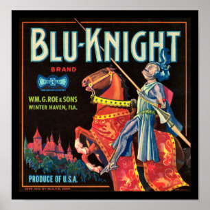KRW Vintager Blau-Ritter Frucht-Kisten-Aufkleber Poster