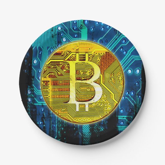 Kryptowährung Bitcoin und Leiterplatte Pappteller (Vorderseite)