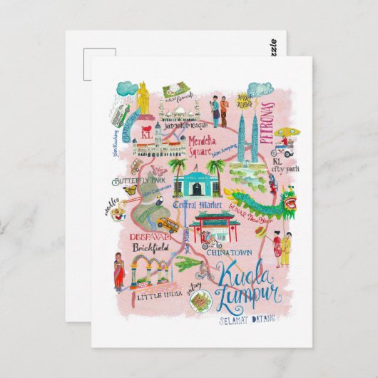 Kuala Lumpur - Illustrative Reisekarte Postkarte (Vorne/Hinten)