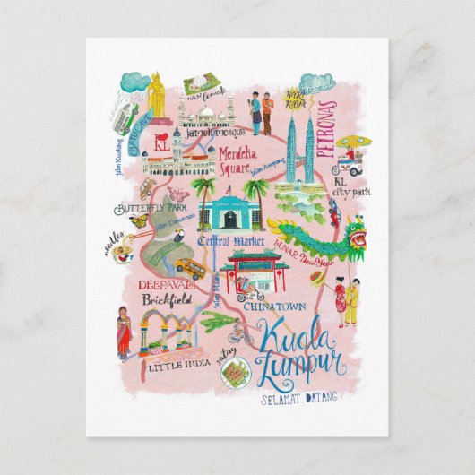 Kuala Lumpur - Illustrative Reisekarte Postkarte (Vorderseite)