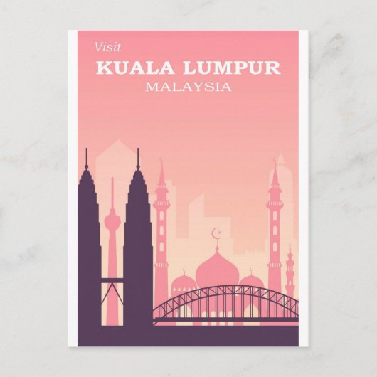 Kuala Lumpur Malaysia Pink Vintage Travel Poster Postkarte (Vorderseite)