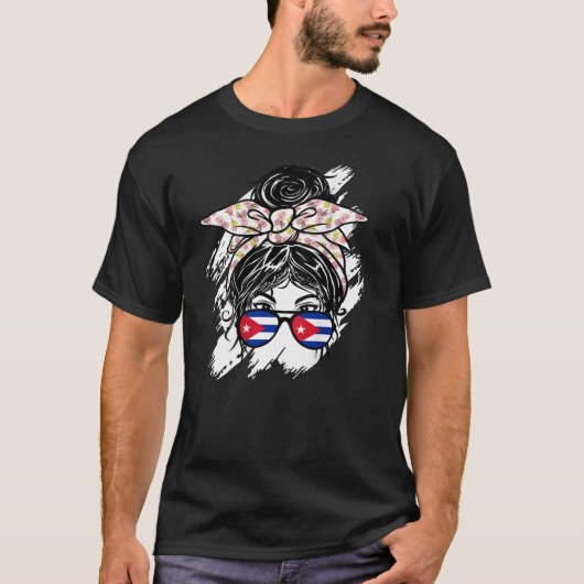 Kuba Messy Bun mit Bandana kubanische Flaggensonne T-Shirt (Vorderseite)