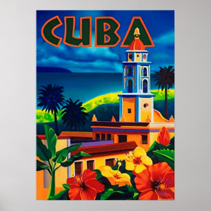 Kuba, tropische Insel, Stadtturm, Vintage, Reise Poster
