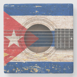Kubanische Flagge auf alter Akustikgitarre Steinuntersetzer