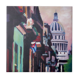 Kubanische Oldtimer-Straßen-Szene in Havana Kuba Fliese