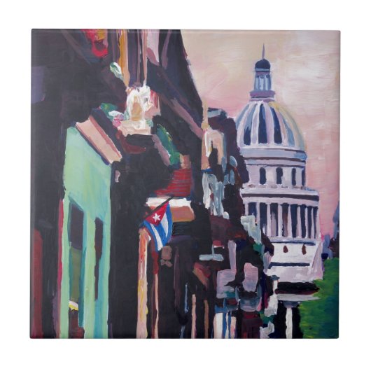 Kubanische Oldtimer-Straßen-Szene in Havana Kuba Fliese (Vorderseite)