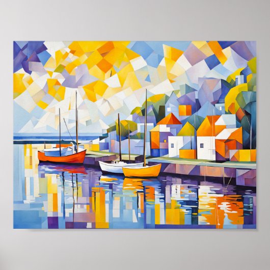 Kubistische Hafenlandschaft mit Booten Poster (Vorne)