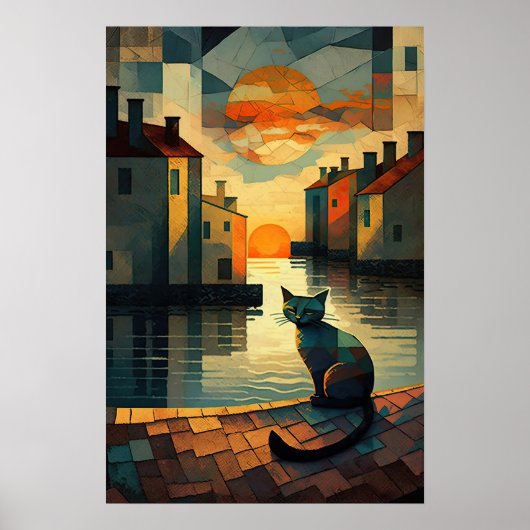 Kubistische Katze: Sonnenuntergang in Venezianisch Poster (Vorne)