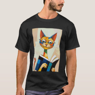 Kubistische Katzenleserin Boho Buchliebhaber Kunst T-Shirt