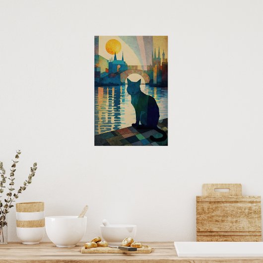 Kubistischer Cat Watching Sonnenuntergang über leu Poster (Küche)