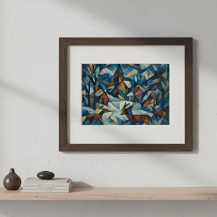 Kubistischer Expressionistischer Winterdorfplakat Poster
