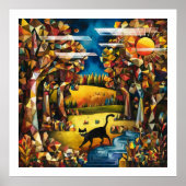 Kubistischer Herbstwald mit Fluss und Wiese Poster (Vorne)