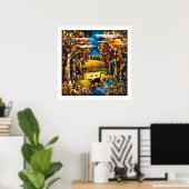 Kubistischer Herbstwald mit Fluss und Wiese Poster (Heimbüro)