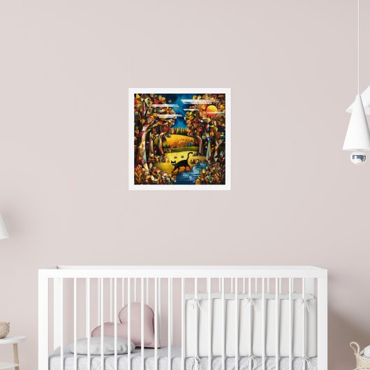 Kubistischer Herbstwald mit Fluss und Wiese Poster (Kinderzimmer 2)