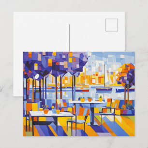Kubistisches Außencafé mit Tischen Postkarte